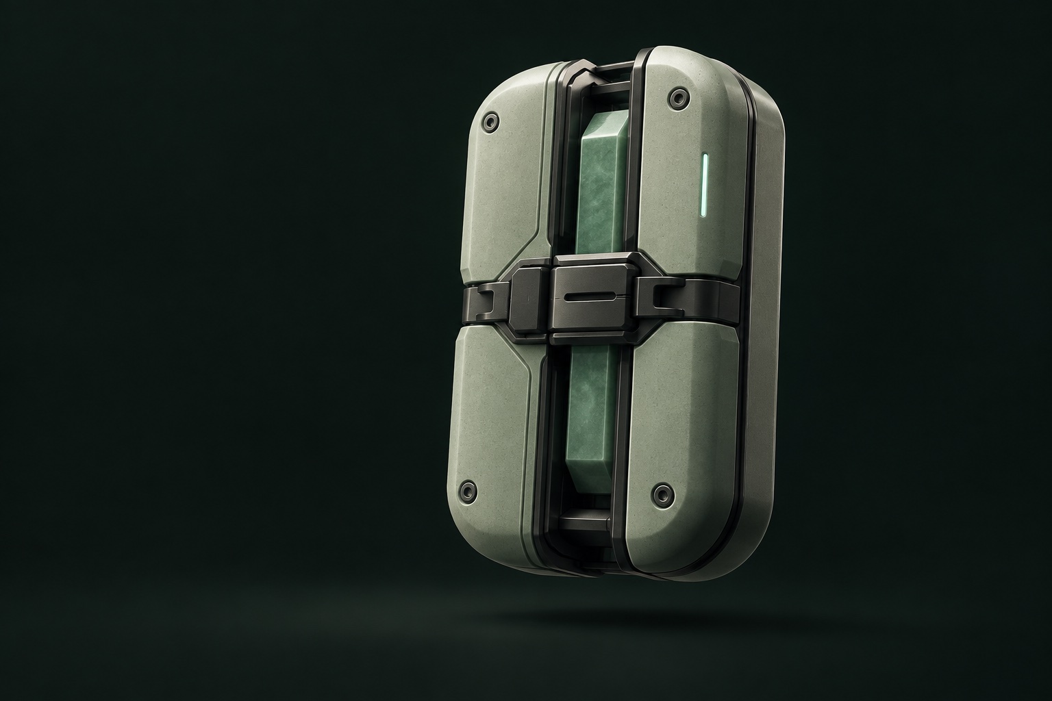 An imagined ceramic agent capsule with a mechanical latch around its visible core